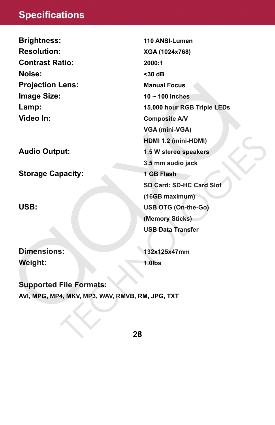 Specifications, Brightness, Resolution | Contrast ratio, Noise, Projection lens, Image size, Lamp, Video in, Audio output | AAXA Technologies M2 User Manual | Page 28 / 28