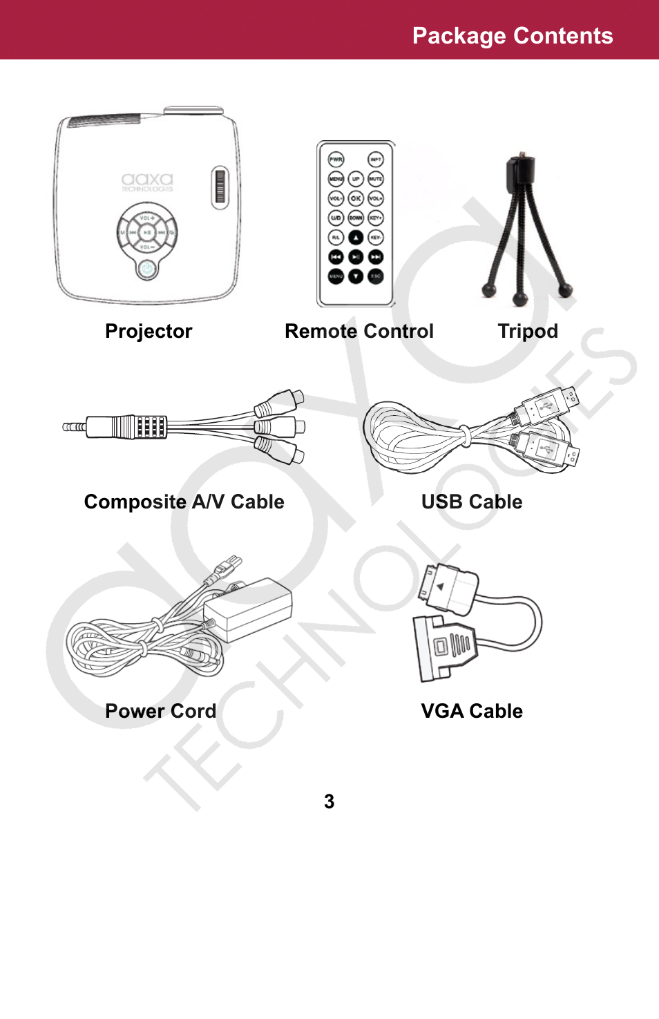 Package contents | AAXA Technologies M2 User Manual | Page 3 / 28