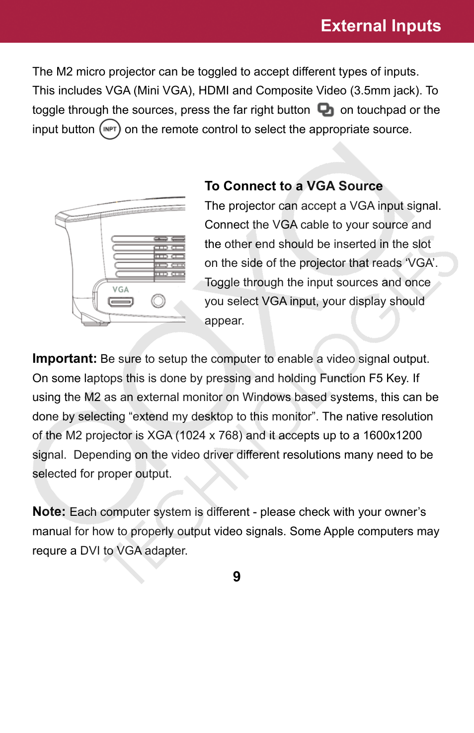 External inputs | AAXA Technologies M2 User Manual | Page 9 / 28