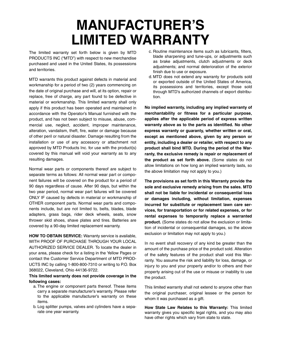 Manufacturer’s limited warranty | MTD OEM-190-821 User Manual | Page 12 / 12