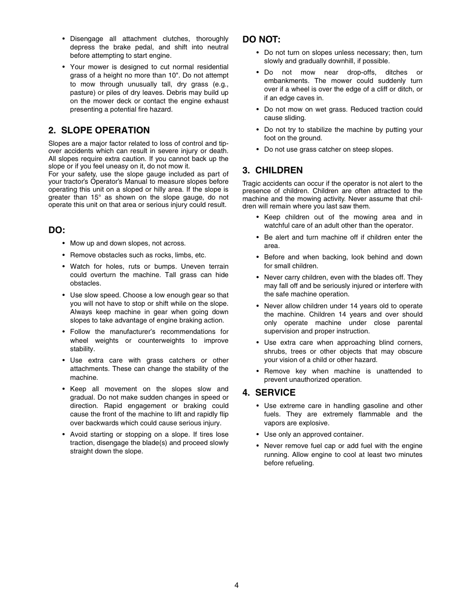 Slope operation, Do not, Children | Service | MTD OEM-190-821 User Manual | Page 4 / 12