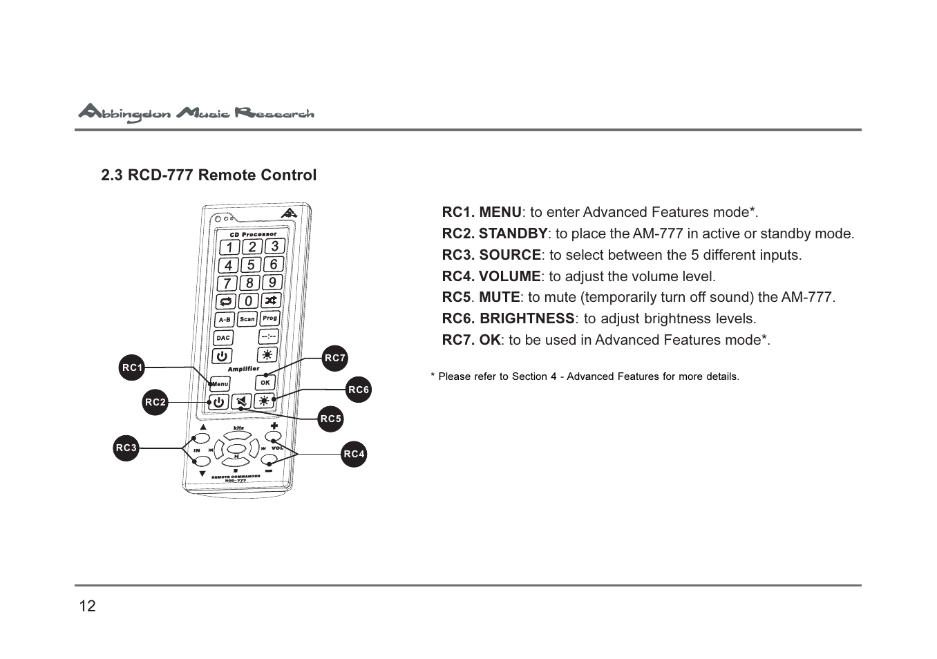 3 rcd-777 remote control | Abbingdon Music Research AM-777 Premier Class User Manual | Page 12 / 23