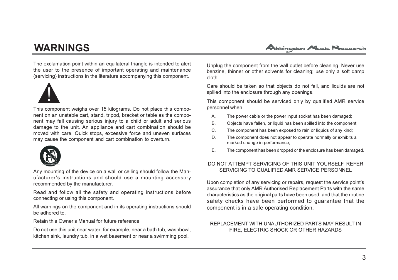 Warnings | Abbingdon Music Research AM-777 Premier Class User Manual | Page 3 / 23
