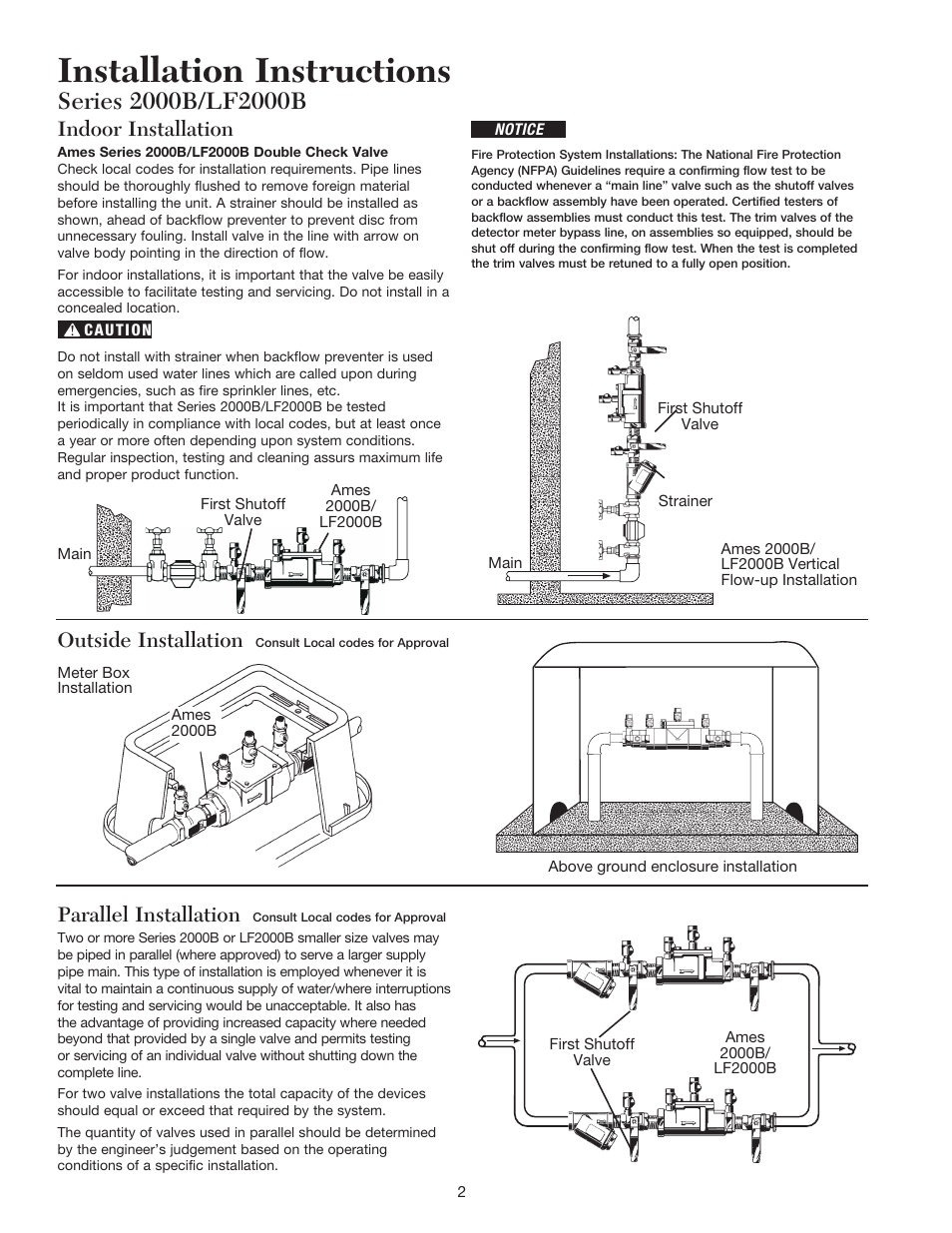 Installation instructions, Indoor installation, Outside installation | Parallel installation | Ames Fire & Waterworks 2000B-FP Bronze Double Check Valve Assemblies with Gear Operated Slow Close Isolation Valves User Manual | Page 2 / 4