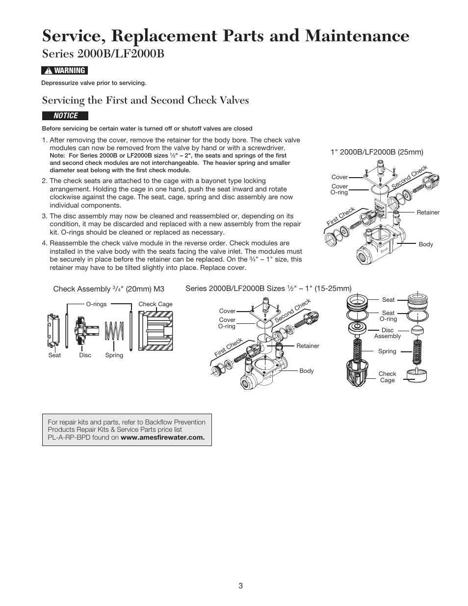 Service, replacement parts and maintenance, Servicing the first and second check valves | Ames Fire & Waterworks 2000B-FP Bronze Double Check Valve Assemblies with Gear Operated Slow Close Isolation Valves User Manual | Page 3 / 4