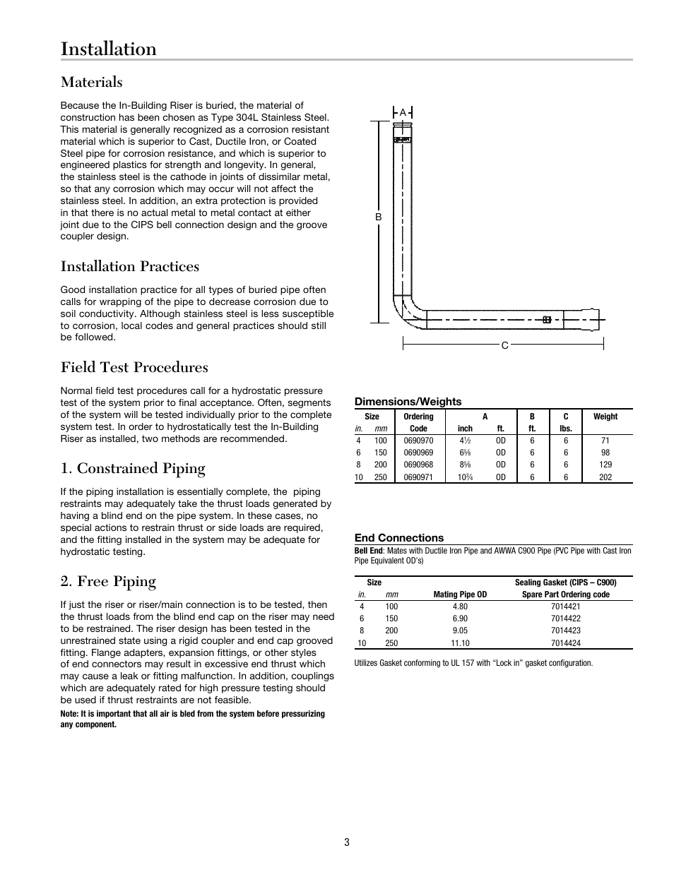 Installation, Materials, Installation practices | Field test procedures, Constrained piping, Free piping | Ames Fire & Waterworks IBR In-Building Risers User Manual | Page 3 / 4
