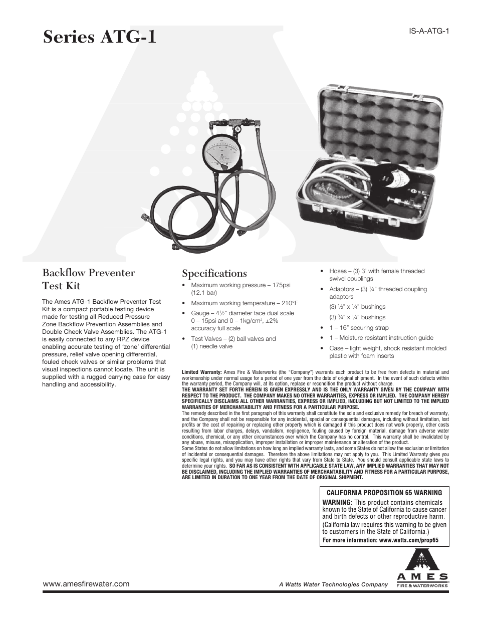 Ames Fire & Waterworks ATG-1 Backflow Preventer Test Kit User Manual | 4 pages