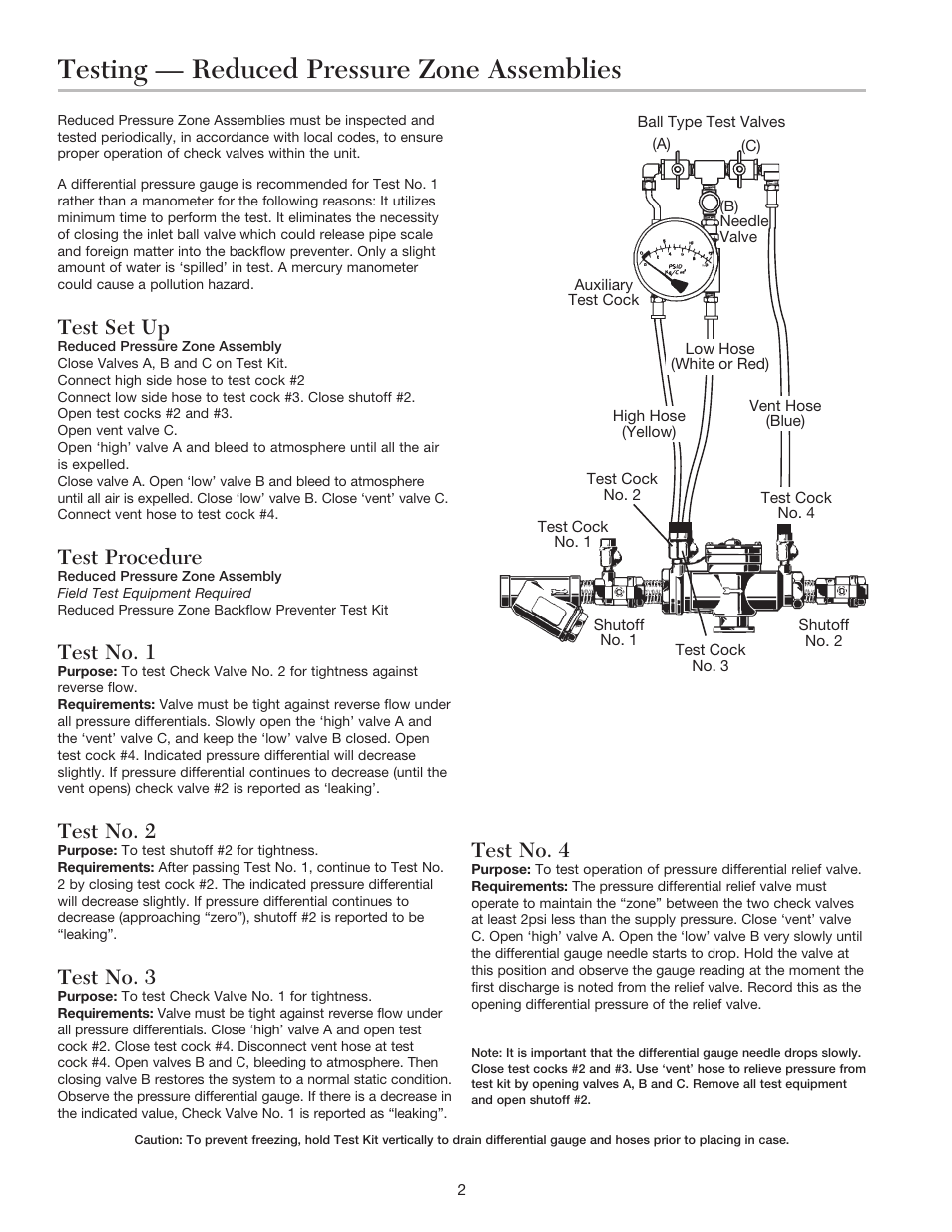 Testing — reduced pressure zone assemblies, Test set up, Test procedure | Test no. 1, Test no. 2, Test no. 3, Test no. 4 | Ames Fire & Waterworks ATG-1 Backflow Preventer Test Kit User Manual | Page 2 / 4