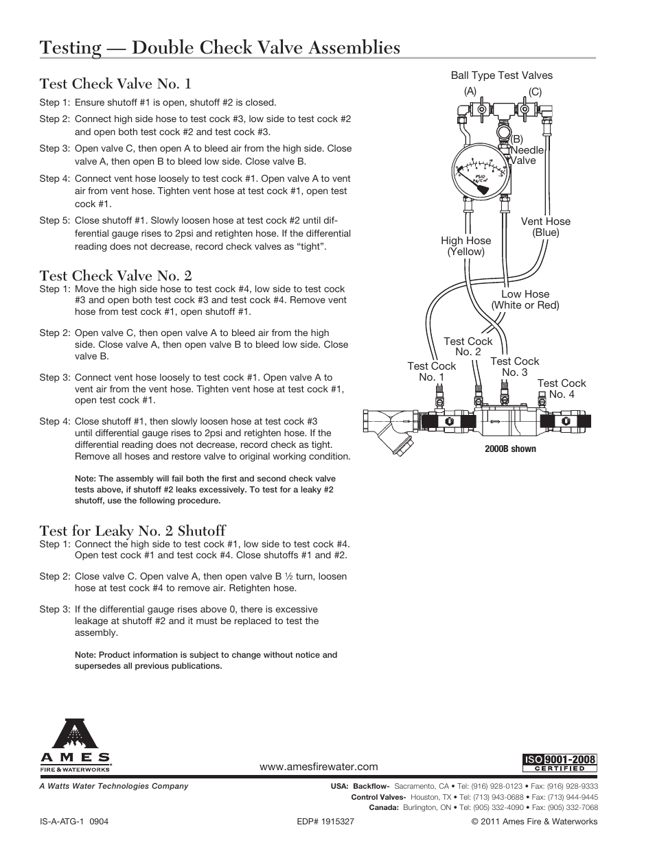 Testing — double check valve assemblies, Test check valve no. 1, Test check valve no. 2 | Test for leaky no. 2 shutoff | Ames Fire & Waterworks ATG-1 Backflow Preventer Test Kit User Manual | Page 4 / 4