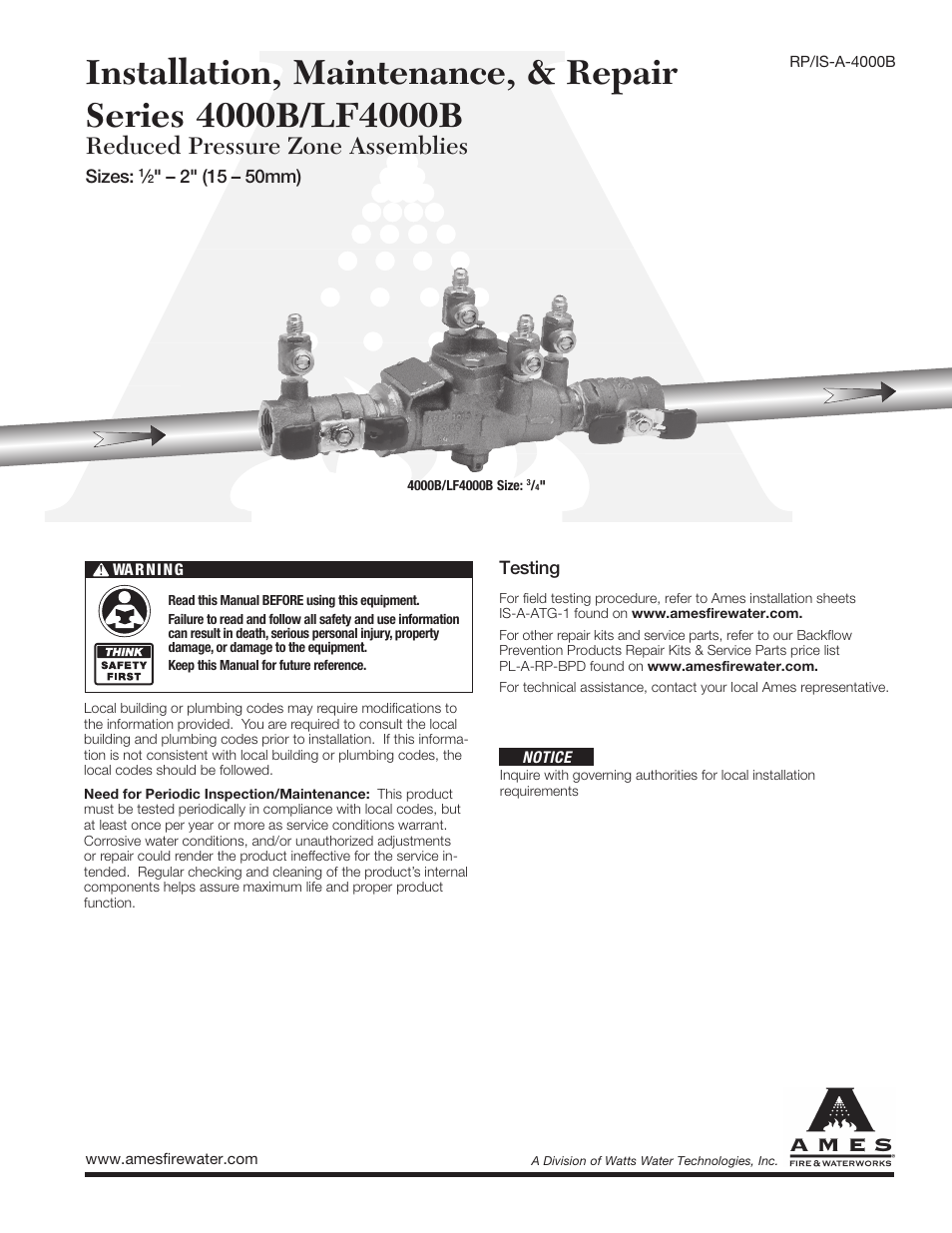 Ames Fire & Waterworks 4000B-FP Bronze Reduced Pressure Zone Assemblies with Gear Operated Slow Close Isolation Valves User Manual | 8 pages