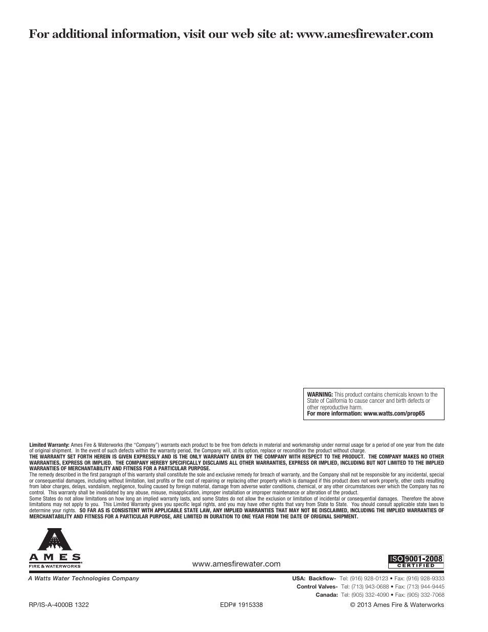 Ames Fire & Waterworks 4000B-FP Bronze Reduced Pressure Zone Assemblies with Gear Operated Slow Close Isolation Valves User Manual | Page 8 / 8