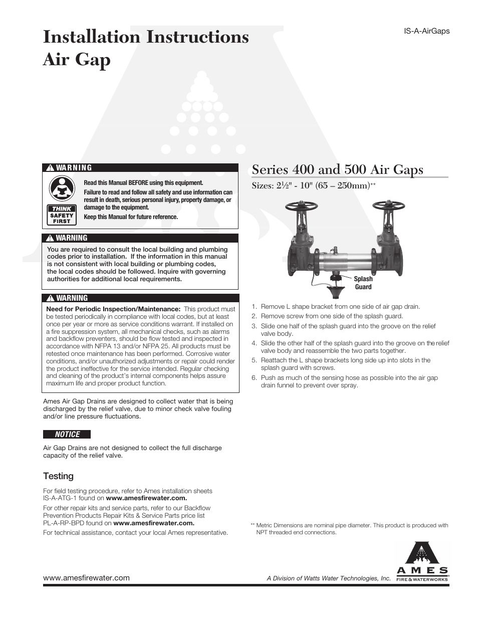 Ames Fire & Waterworks Air Gaps For Reduced Pressure Zone Assemblies User Manual | 2 pages