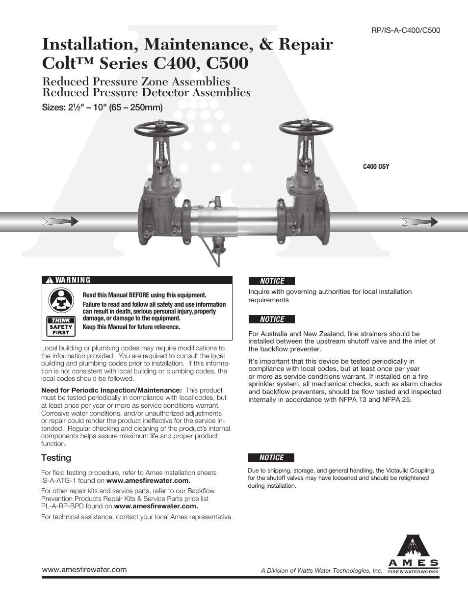 Ames Fire & Waterworks LFC500, LFC500N, LFC500Z Lead Free Stainless Steel Reduced Pressure Detector Assemblies User Manual | 8 pages