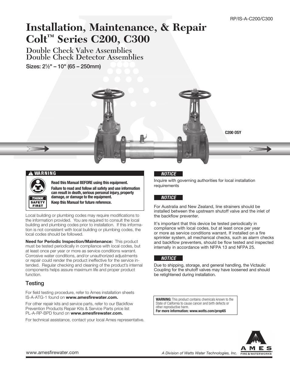 Ames Fire & Waterworks LFC300, LFC300N Lead Free Double Check Detector Assemblies User Manual | 4 pages