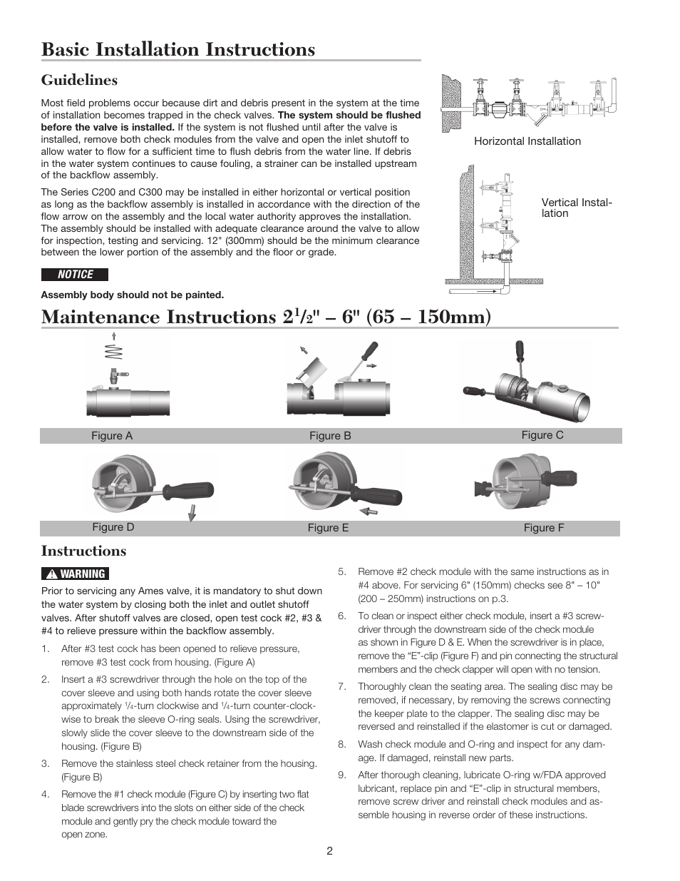 Basic installation instructions, Maintenance instructions 2, Guidelines | Instructions | Ames Fire & Waterworks LFC300, LFC300N Lead Free Double Check Detector Assemblies User Manual | Page 2 / 4