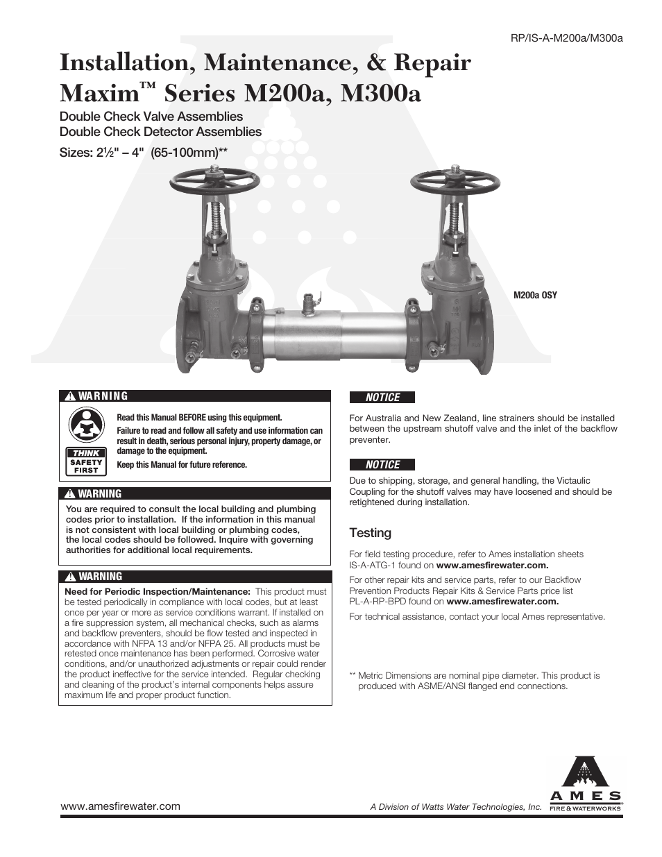 Ames Fire & Waterworks M300Na Stainless Steel Double Check Detector Assemblies with Bi-Link Check Valves for High Flow Fire Systems User Manual | 4 pages