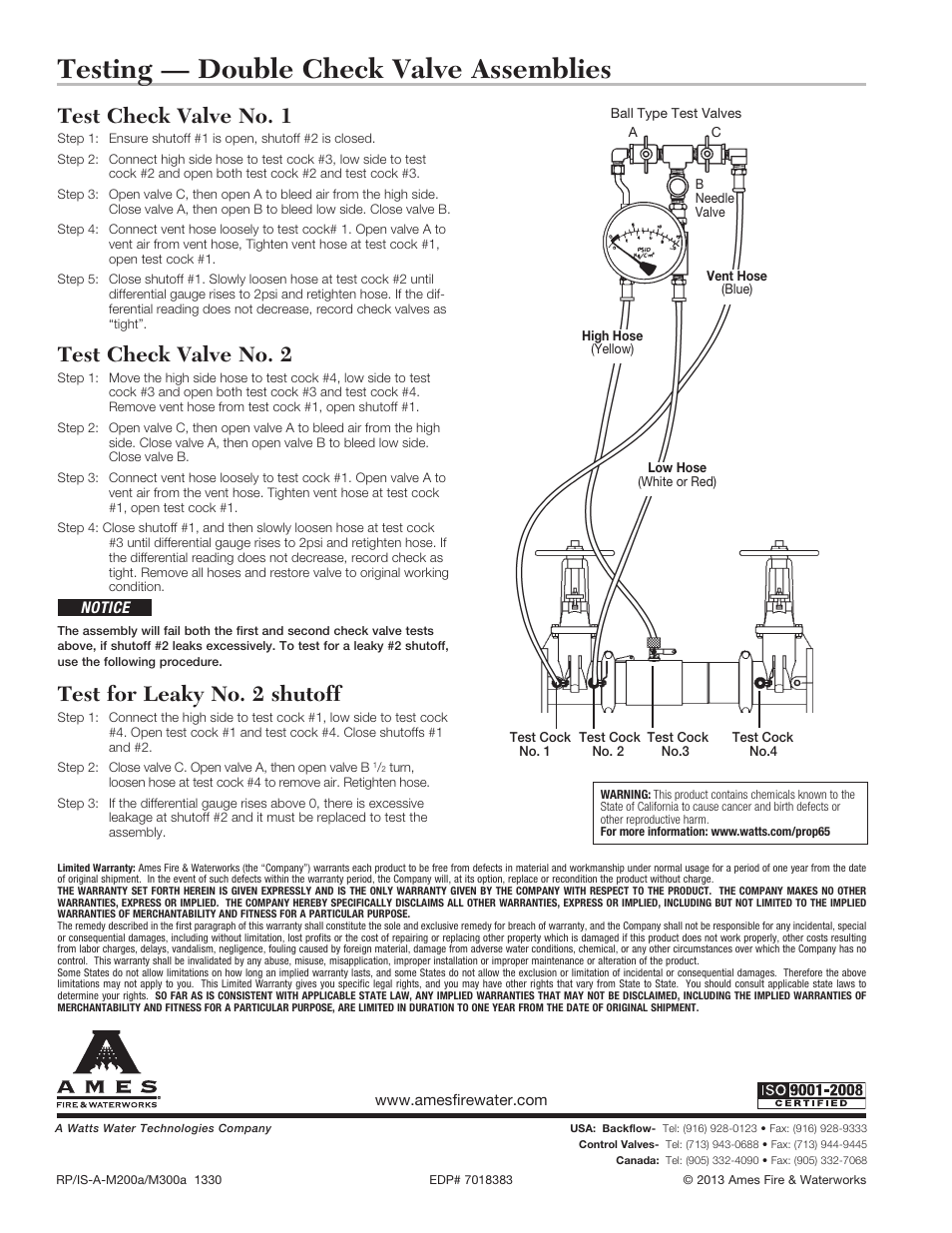 Testing — double check valve assemblies, Test check valve no. 1, Test check valve no. 2 | Test for leaky no. 2 shutoff | Ames Fire & Waterworks M300Na Stainless Steel Double Check Detector Assemblies with Bi-Link Check Valves for High Flow Fire Systems User Manual | Page 4 / 4