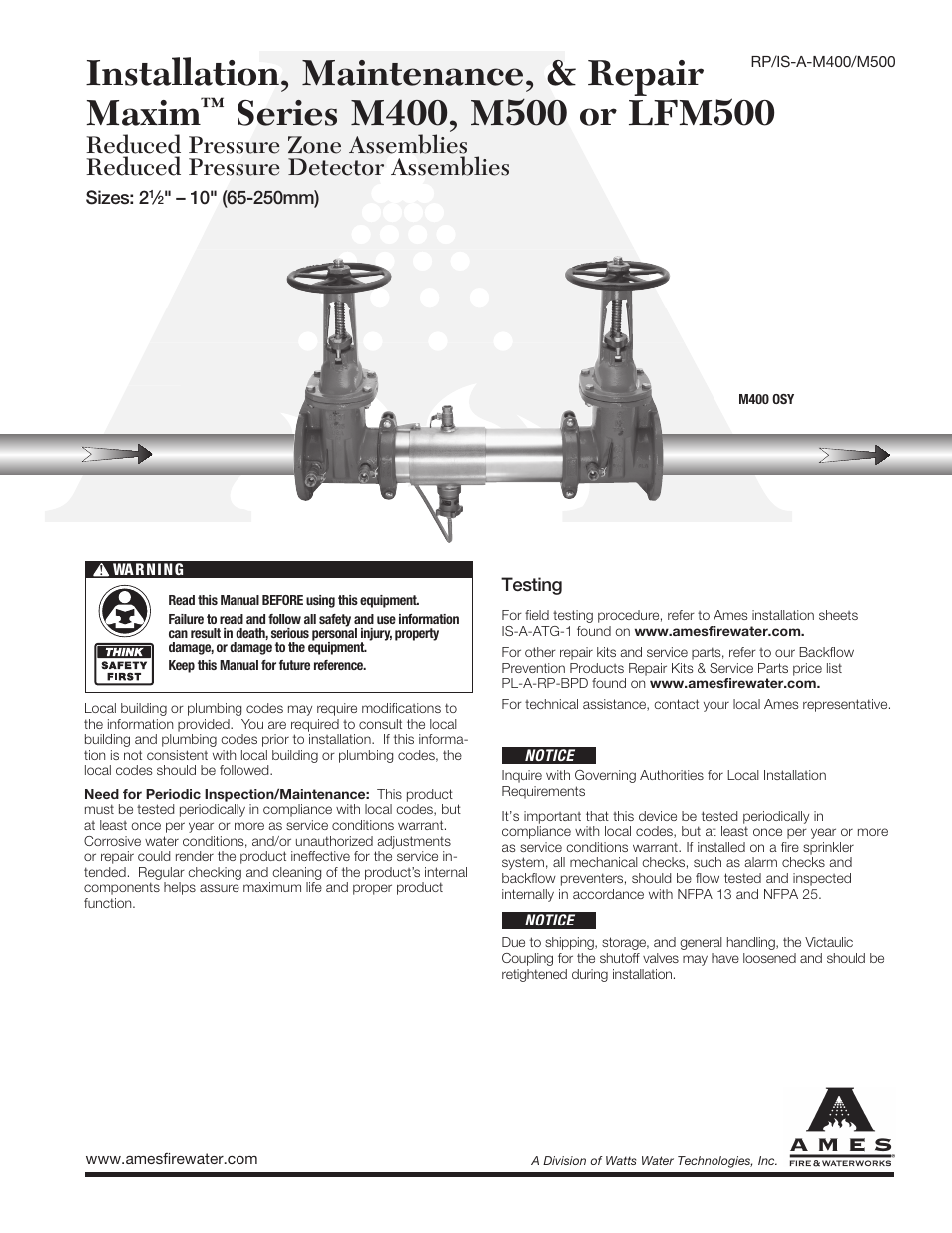 Ames Fire & Waterworks LFM500, LFM500N, LFM500Z Lead Free Stainless Steel Reduced Pressure Detector Assemblies User Manual | 8 pages