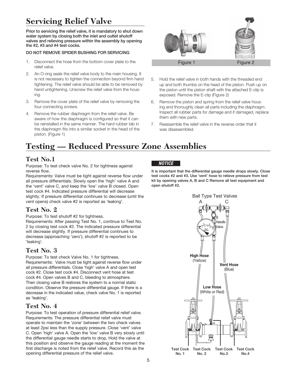 Testing — reduced pressure zone assemblies, Servicing relief valve, Test no.1 | Test no. 2, Test no. 3, Test no. 4 | Ames Fire & Waterworks LFM500, LFM500N, LFM500Z Lead Free Stainless Steel Reduced Pressure Detector Assemblies User Manual | Page 5 / 8