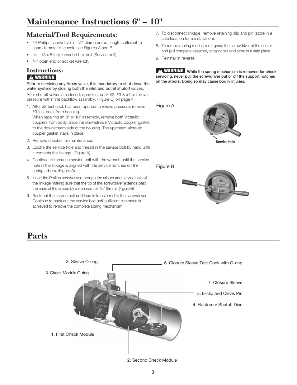 Maintenance instructions 6" – 10, Parts, Material/tool requirements | Instructions | Ames Fire & Waterworks LFM300, LFM300N Lead Free Double Check Detector Assemblies User Manual | Page 3 / 4