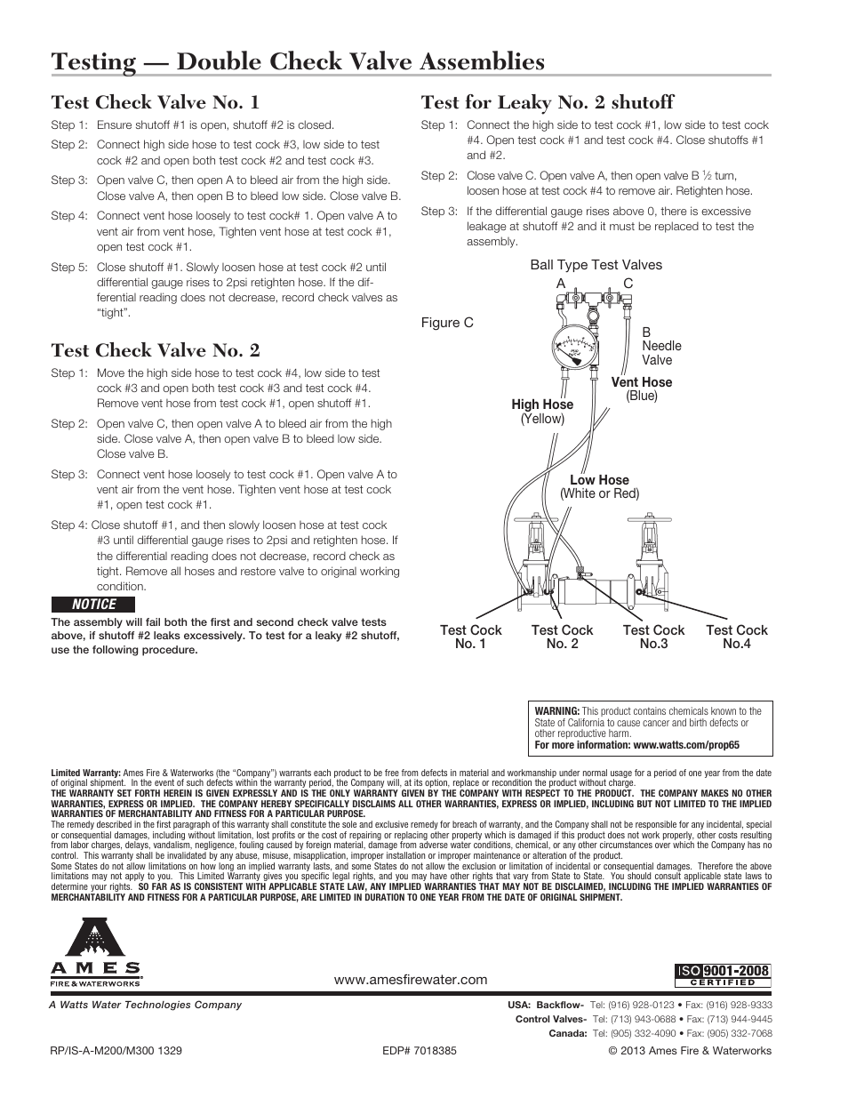 Testing — double check valve assemblies, Test check valve no. 1, Test check valve no. 2 | Test for leaky no. 2 shutoff | Ames Fire & Waterworks LFM300, LFM300N Lead Free Double Check Detector Assemblies User Manual | Page 4 / 4