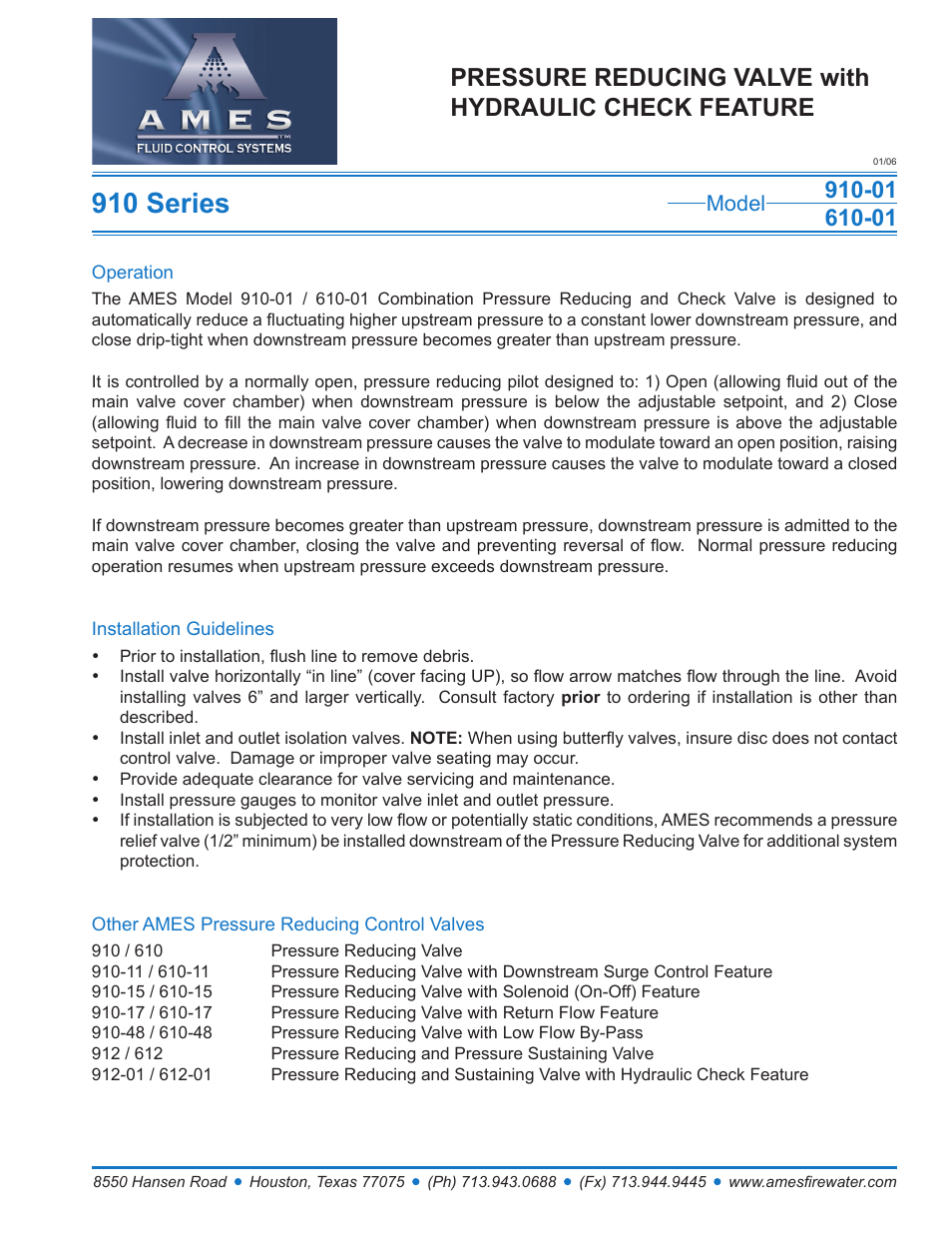 Ames Fire & Waterworks 910GS-01 Stainless Steel Pressure Reducing Control Valve with Hydraulic Check Feature User Manual | 1 page