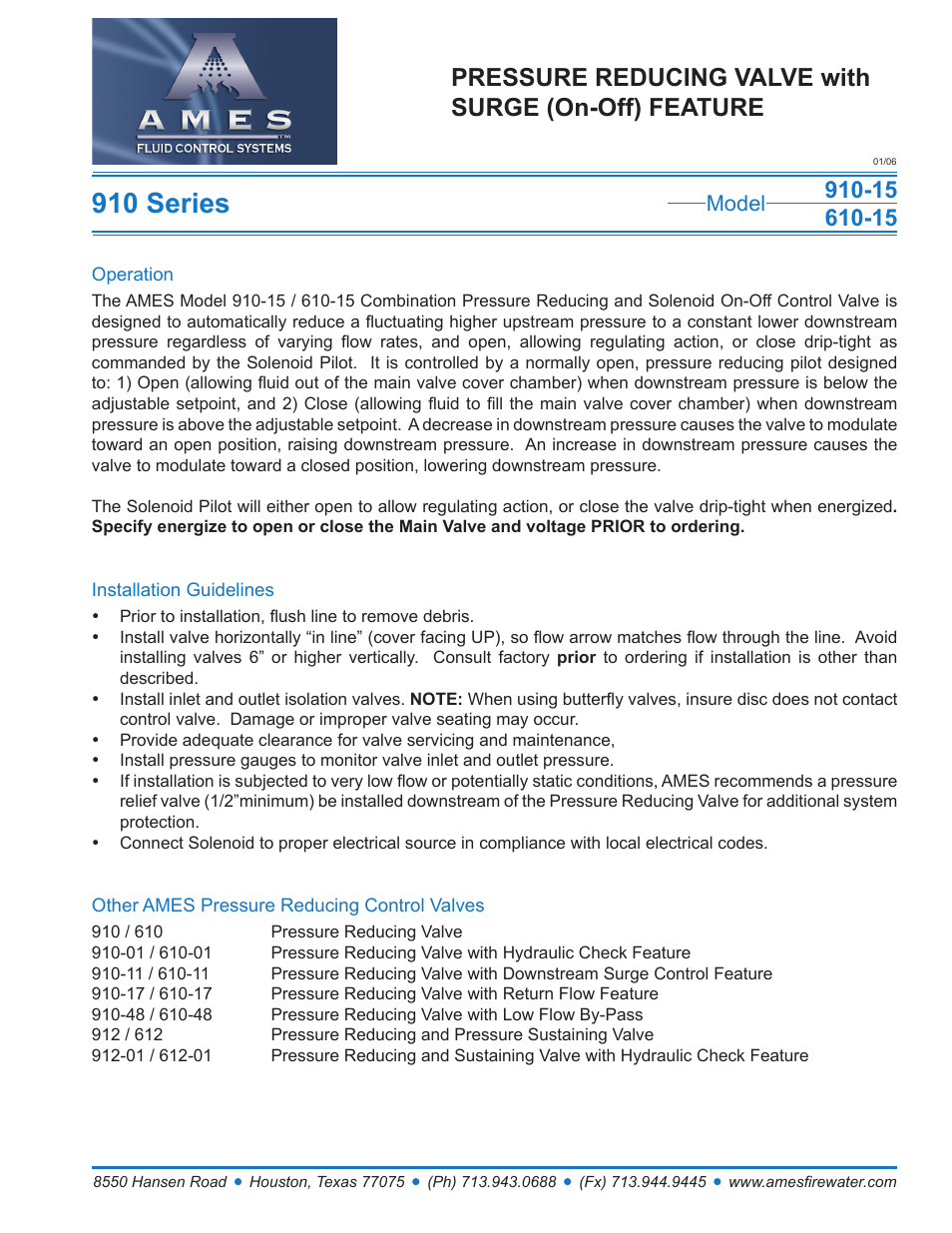 Ames Fire & Waterworks 910GS-15 Stainless Steel Pressure Reducing Control Valve with Solenoid (On-Off) Feature User Manual | 1 page