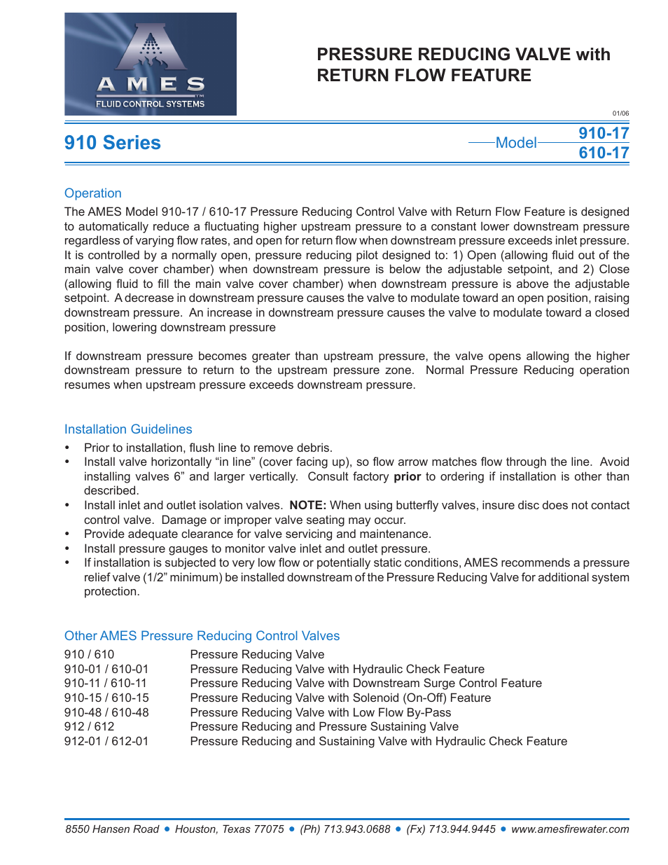 Ames Fire & Waterworks 910GS-17 Stainless Steel Pressure Reducing Control Valve with Return Flow Feature User Manual | 1 page