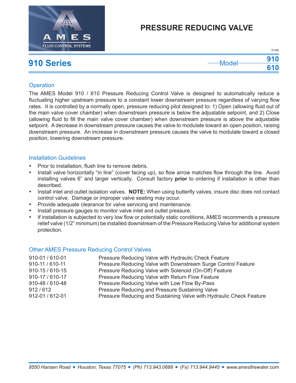 Ames Fire & Waterworks 910GS Stainless Steel Pressure Reducing Control Valve User Manual | 1 page