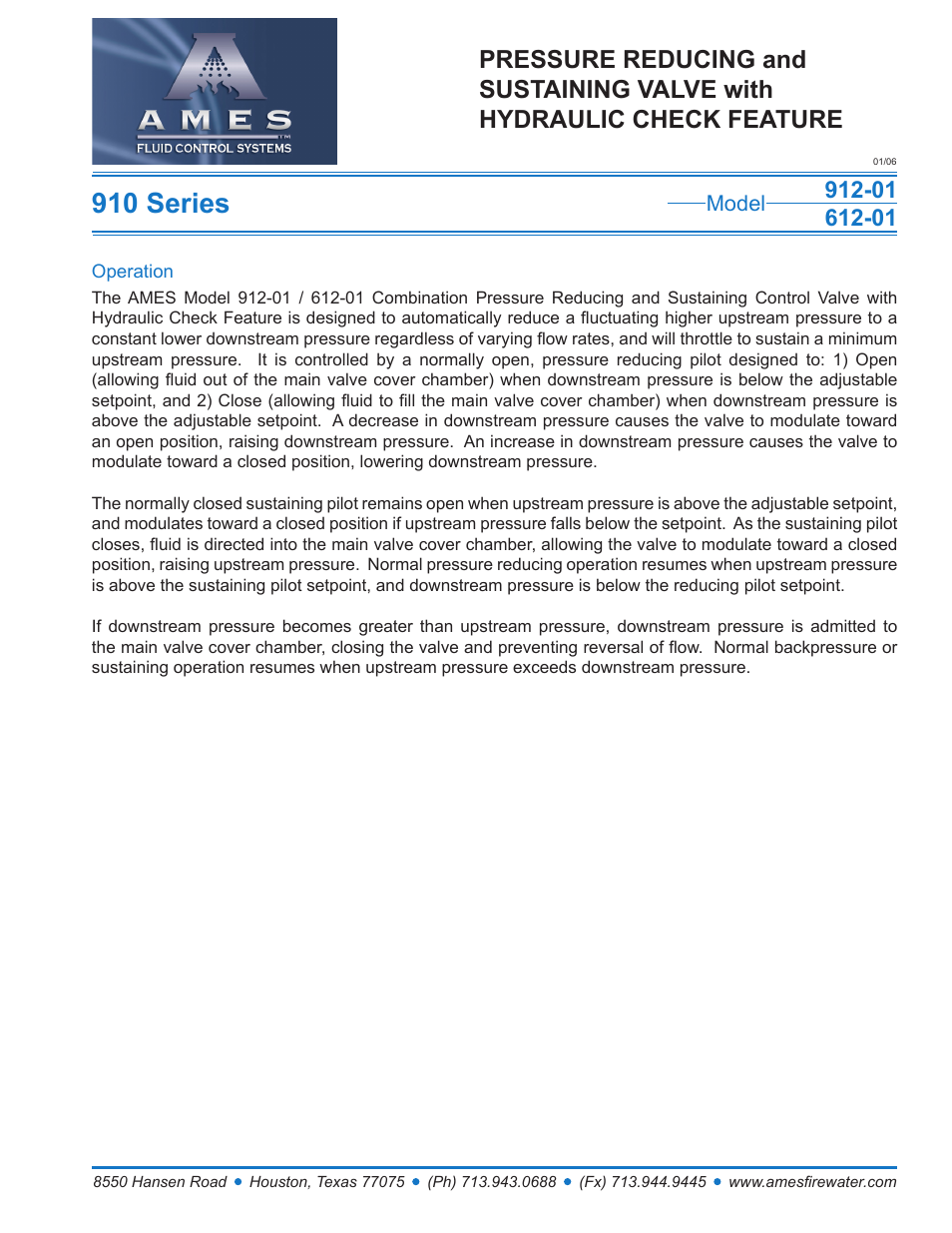 Ames Fire & Waterworks 912GS-01 Stainless Steel Pressure Reducing and Sustaining Control Valve with Hydraulic Check Feature User Manual | 2 pages