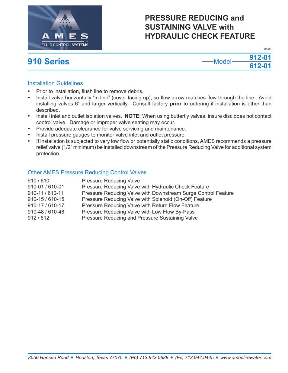 910 series, 01 link, Model | Ames Fire & Waterworks 912GS-01 Stainless Steel Pressure Reducing and Sustaining Control Valve with Hydraulic Check Feature User Manual | Page 2 / 2