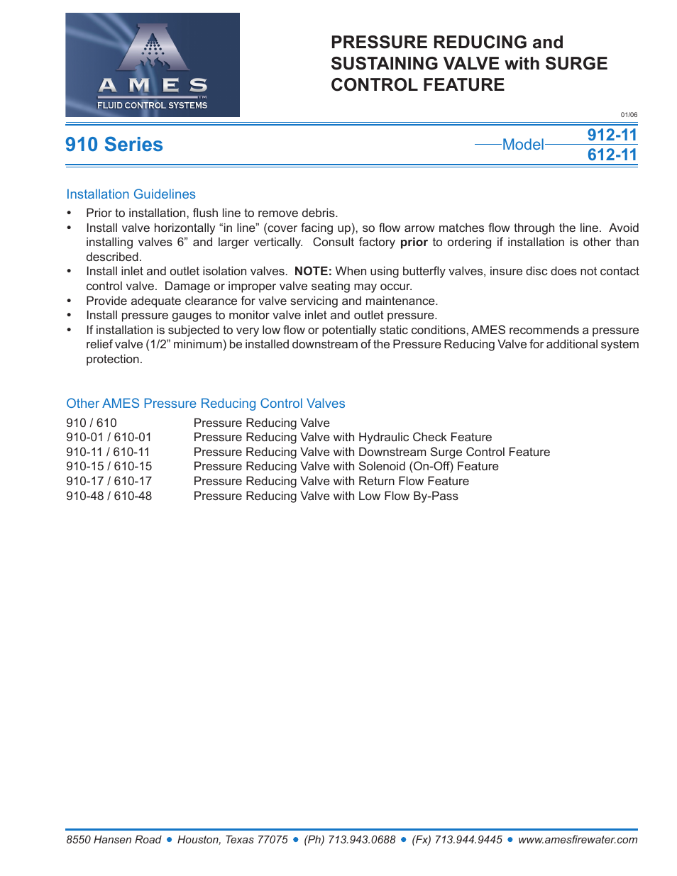 910 series, Model | Ames Fire & Waterworks 912GS-11 Stainless Steel Pressure Reducing and Sustaining Control Valve with Downstream Surge Control Feature User Manual | Page 2 / 2