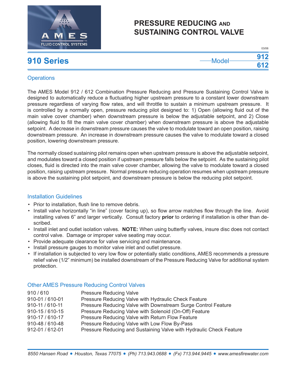 Ames Fire & Waterworks 912GS Stainless Steel Pressure Reducing and Sustaining Control Valve User Manual | 1 page