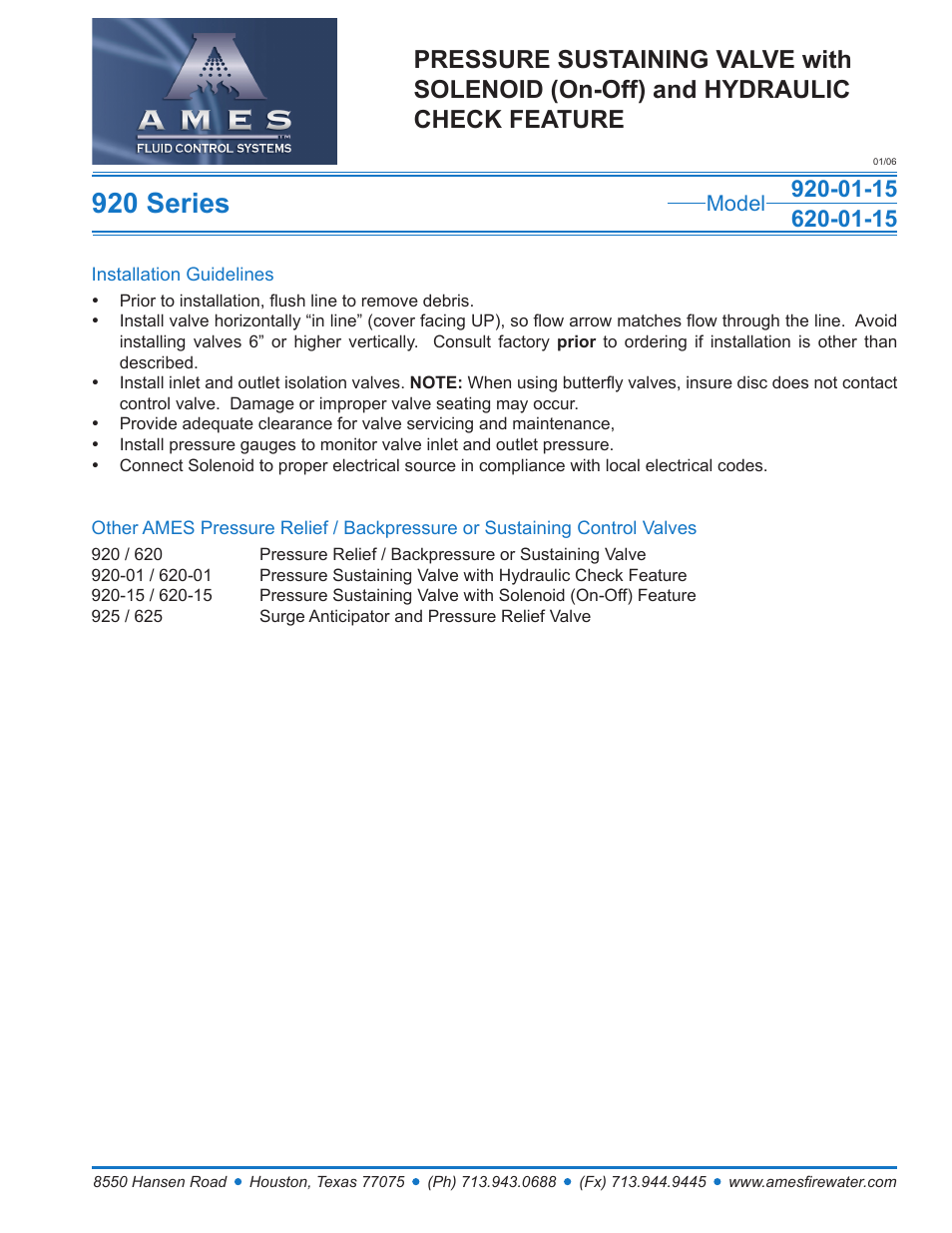 920 series, Model | Ames Fire & Waterworks 920GS-01-15 Stainless Steel Pressure Sustaining Control Valve with Solenoid (On-Off) and Hydraulic Check Feature User Manual | Page 2 / 2
