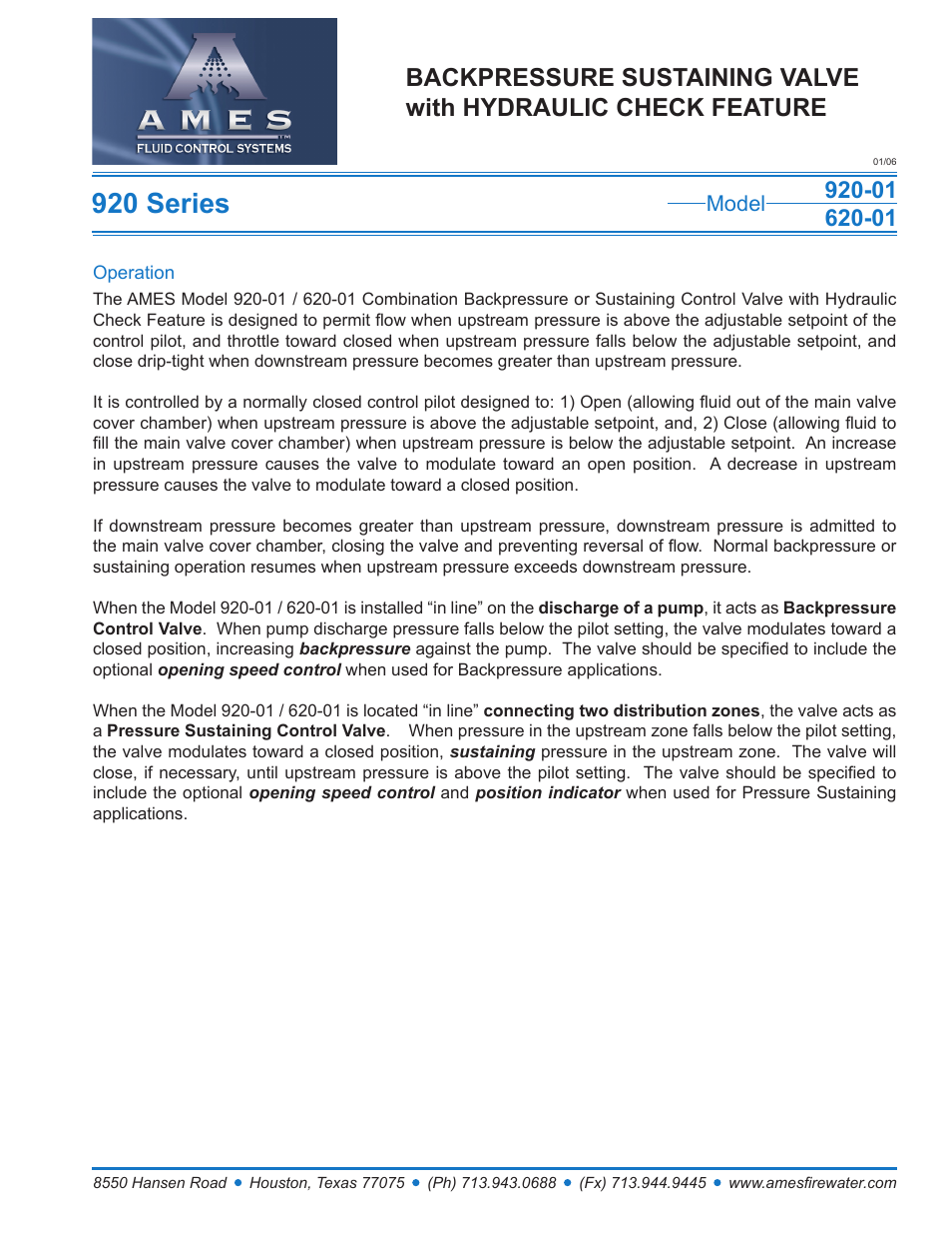 Ames Fire & Waterworks 920GS-01 Stainless Steel Pressure Sustaining or Backpressure Control Valve with Hydraulic Check Feature User Manual | 2 pages