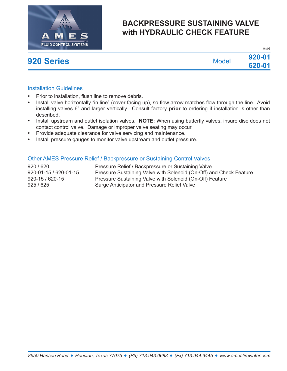 920 series, Model | Ames Fire & Waterworks 920GS-01 Stainless Steel Pressure Sustaining or Backpressure Control Valve with Hydraulic Check Feature User Manual | Page 2 / 2