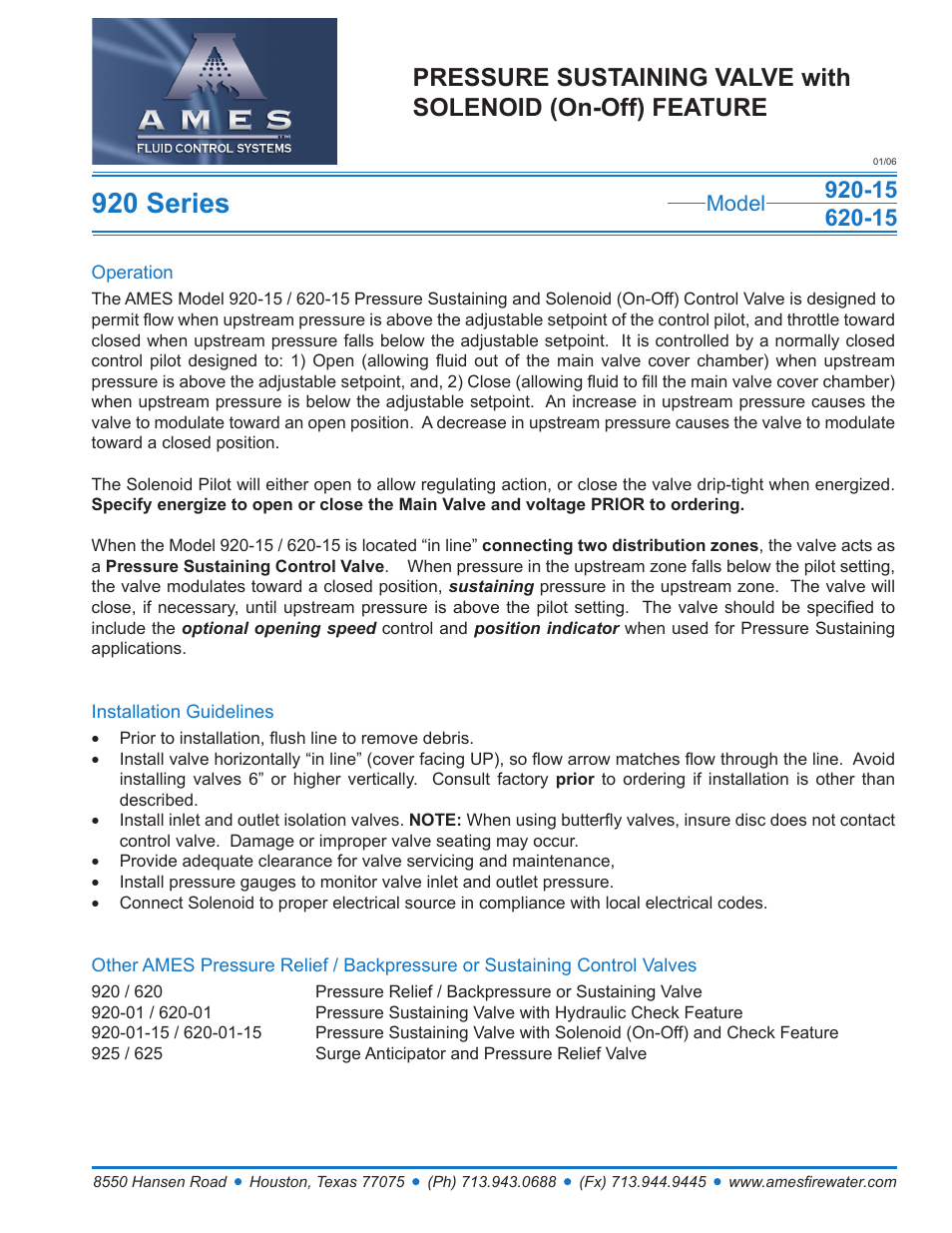 Ames Fire & Waterworks 920GS-15 Stainless Steel Pressure Sustaining Control Valve with Solenoid (On-Off) Feature User Manual | 1 page