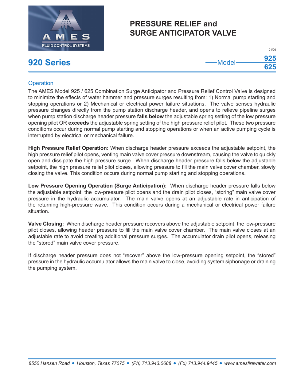 Ames Fire & Waterworks 925GS Stainless Steel Pressure Relief and Surge Anticipator Control Valve User Manual | 2 pages