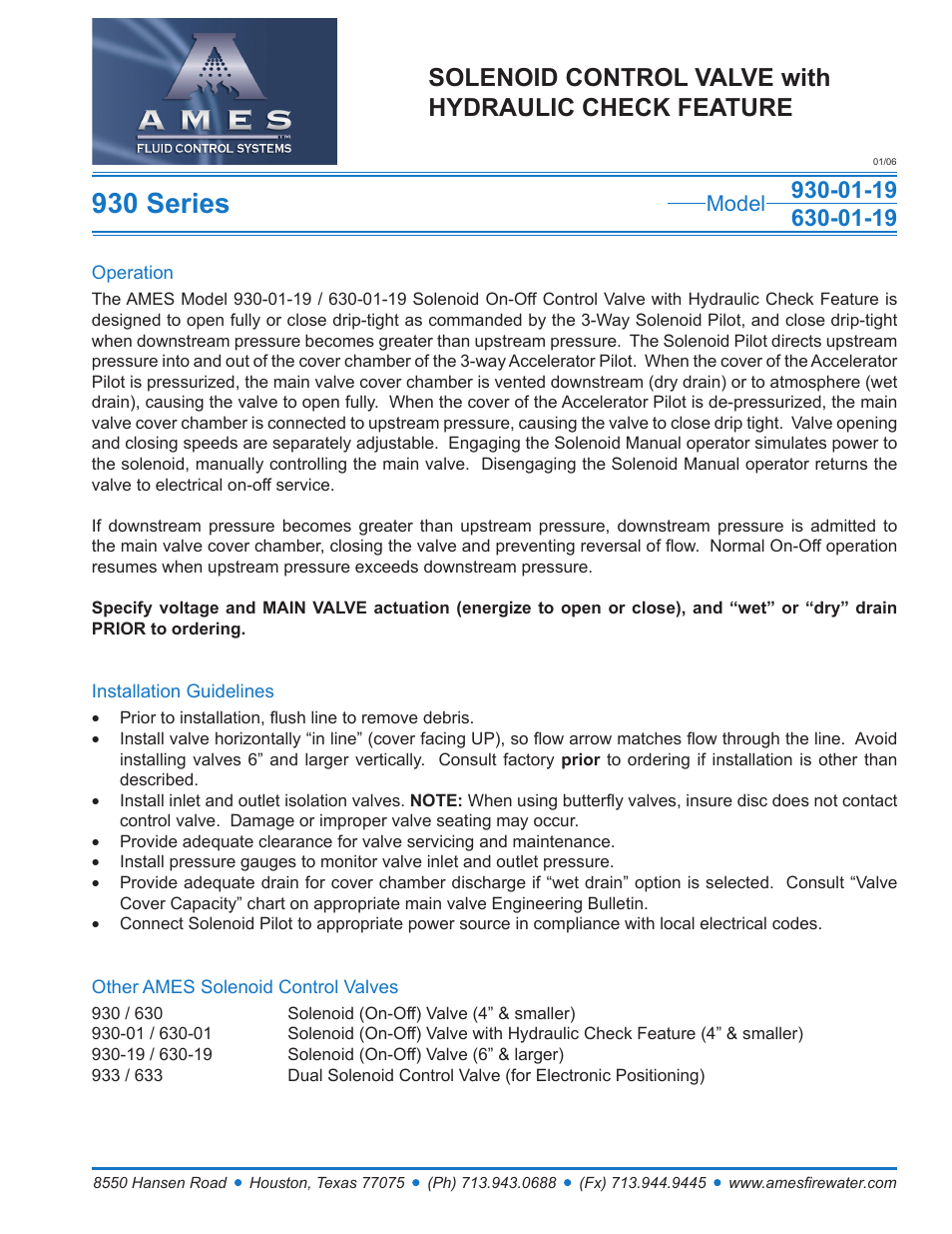 Ames Fire & Waterworks 930GS-01-19 Stainless Steel Solenoid (On-Off) Control Valve with Hydraulic Check Feature (6 and Larger) User Manual | 1 page