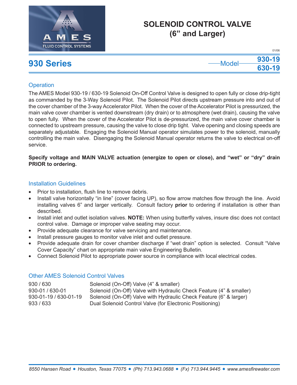 Ames Fire & Waterworks 930GS-19 Stainless Steel Solenoid (On-Off) Control Valve (6 and Larger) User Manual | 1 page