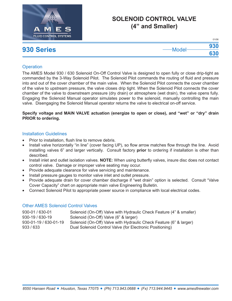 Ames Fire & Waterworks 930GS Stainless Steel Solenoid (On-Off) Control Valve (4 and Smaller) User Manual | 1 page