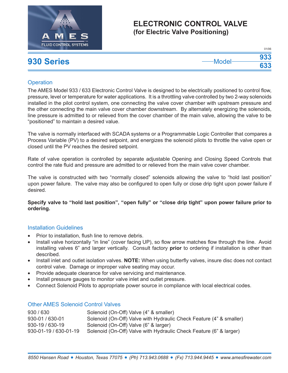 Ames Fire & Waterworks 933GS Stainless Steel Electronic Control Valve (for Electric Valve Positioning) User Manual | 1 page