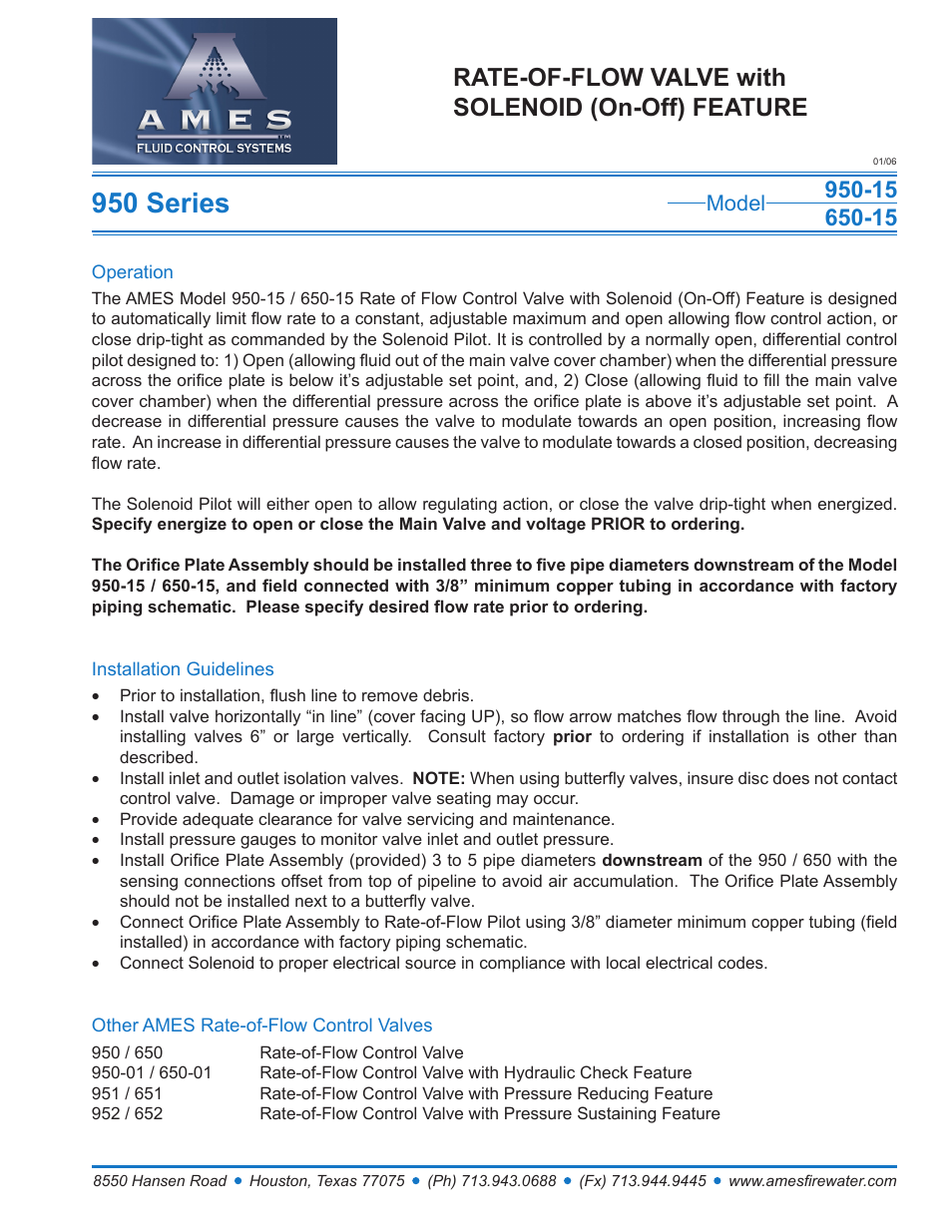 Ames Fire & Waterworks 950GS-15 Stainless Steel Rate-of-Flow Control Valve with Solenoid (On-Off) Feature User Manual | 1 page