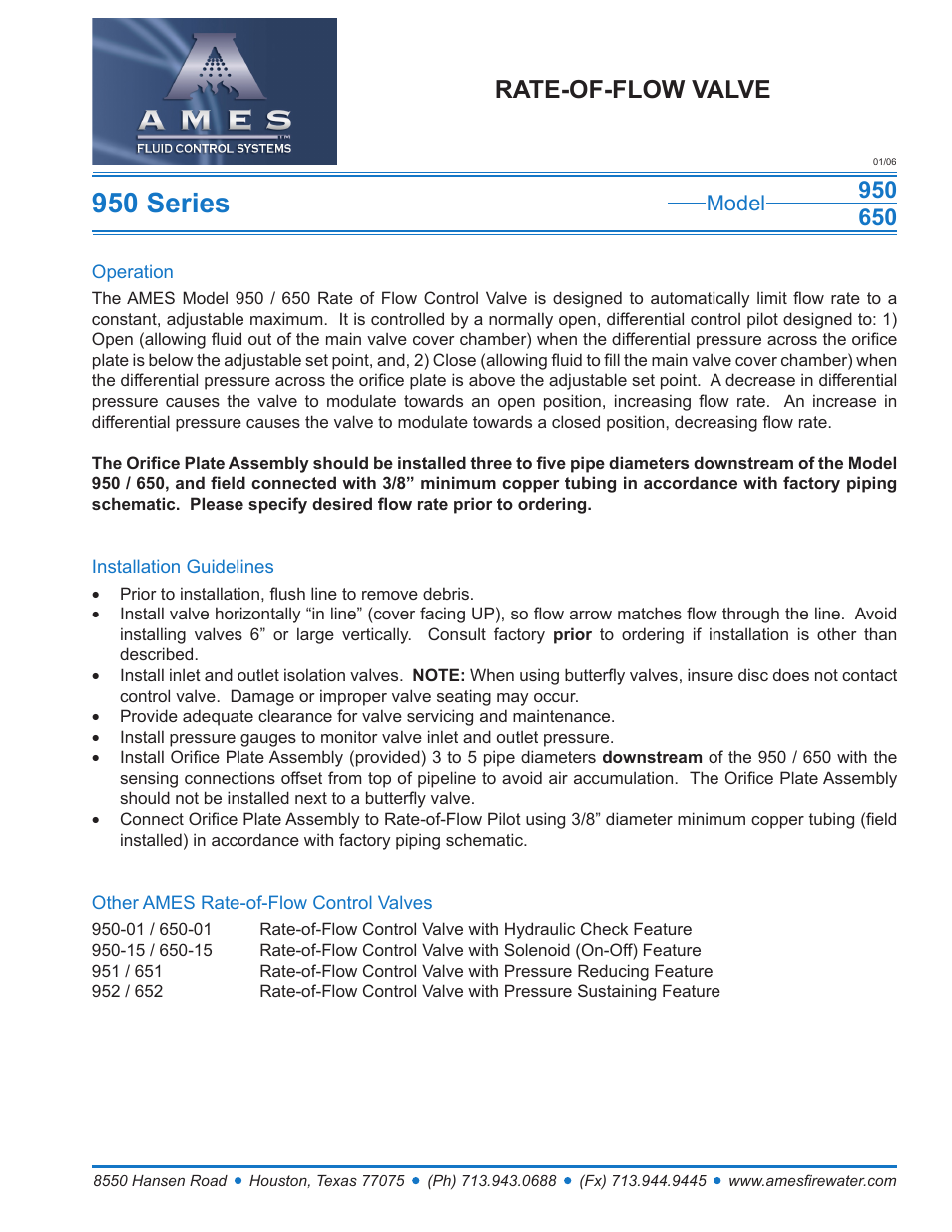 Ames Fire & Waterworks 950GS Stainless Steel Rate-of-Flow Control Valve User Manual | 1 page
