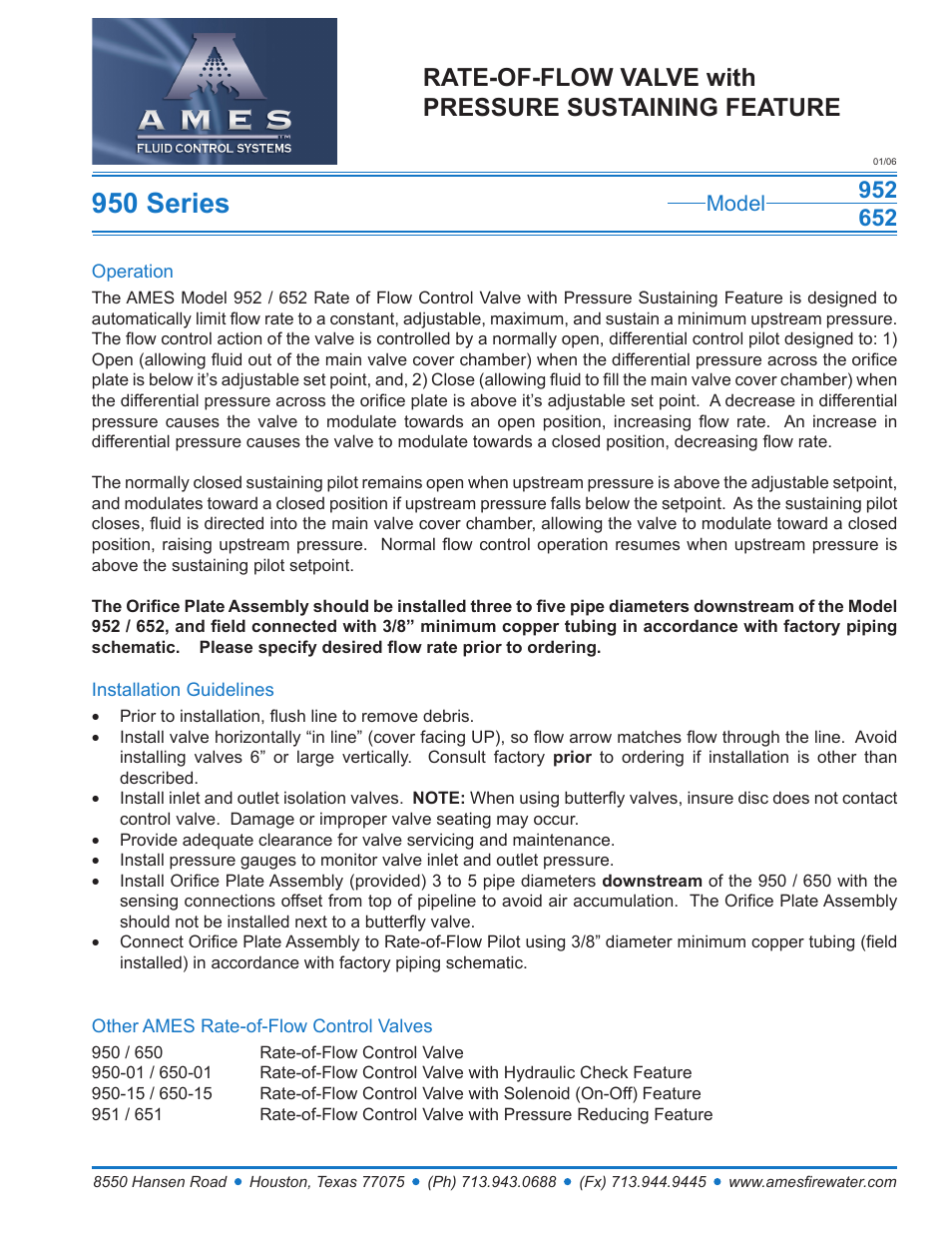 Ames Fire & Waterworks 952GS Stainless Steel Rate-of-Flow Control Valve with Pressure Sustaining Feature User Manual | 1 page