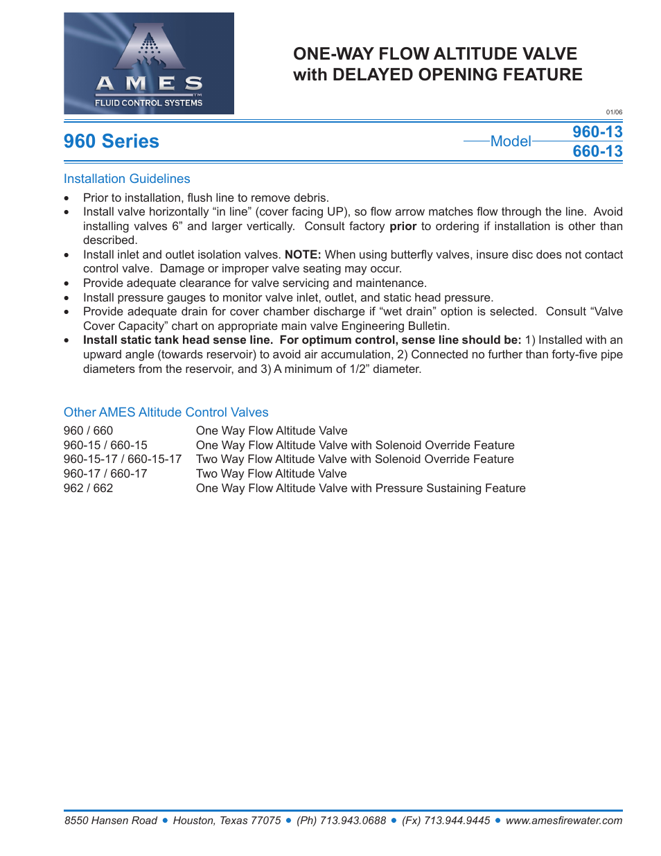 Ames Fire & Waterworks 960GS-13 Stainless Steel One-Way Flow Altitude Valve with Delayed Opening Feature User Manual | 1 page