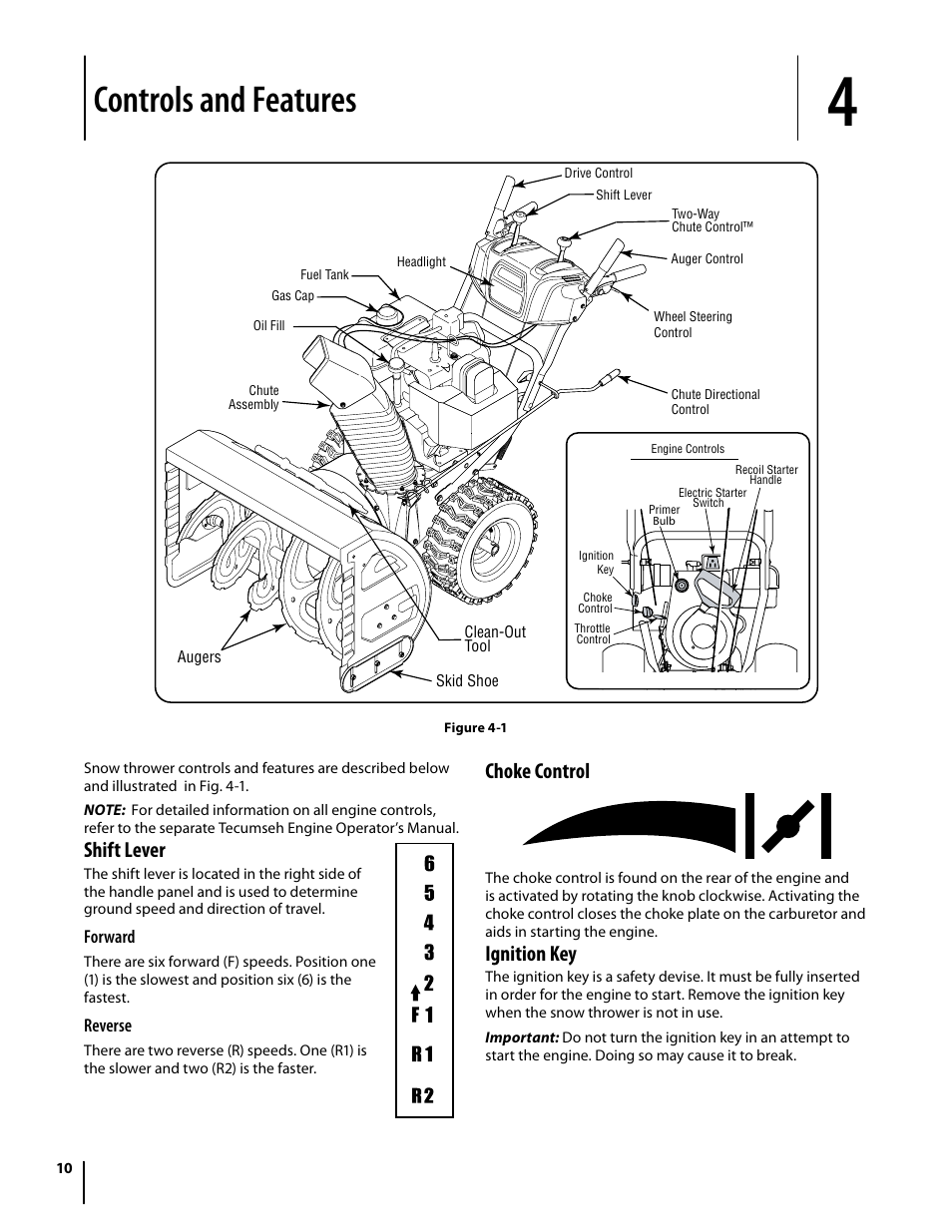 Controls and features, Shift lever, Choke control | Ignition key | Cub Cadet 930 SWE User Manual | Page 10 / 24