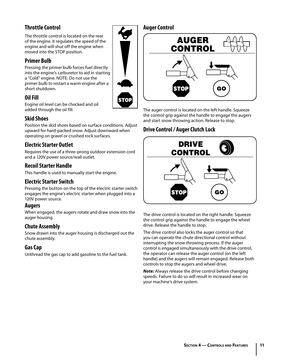 Throttle control, Primer bulb, Oil fill | Skid shoes, Electric starter outlet, Recoil starter handle, Electric starter switch, Augers, Chute assembly, Gas cap | Cub Cadet 930 SWE User Manual | Page 11 / 24