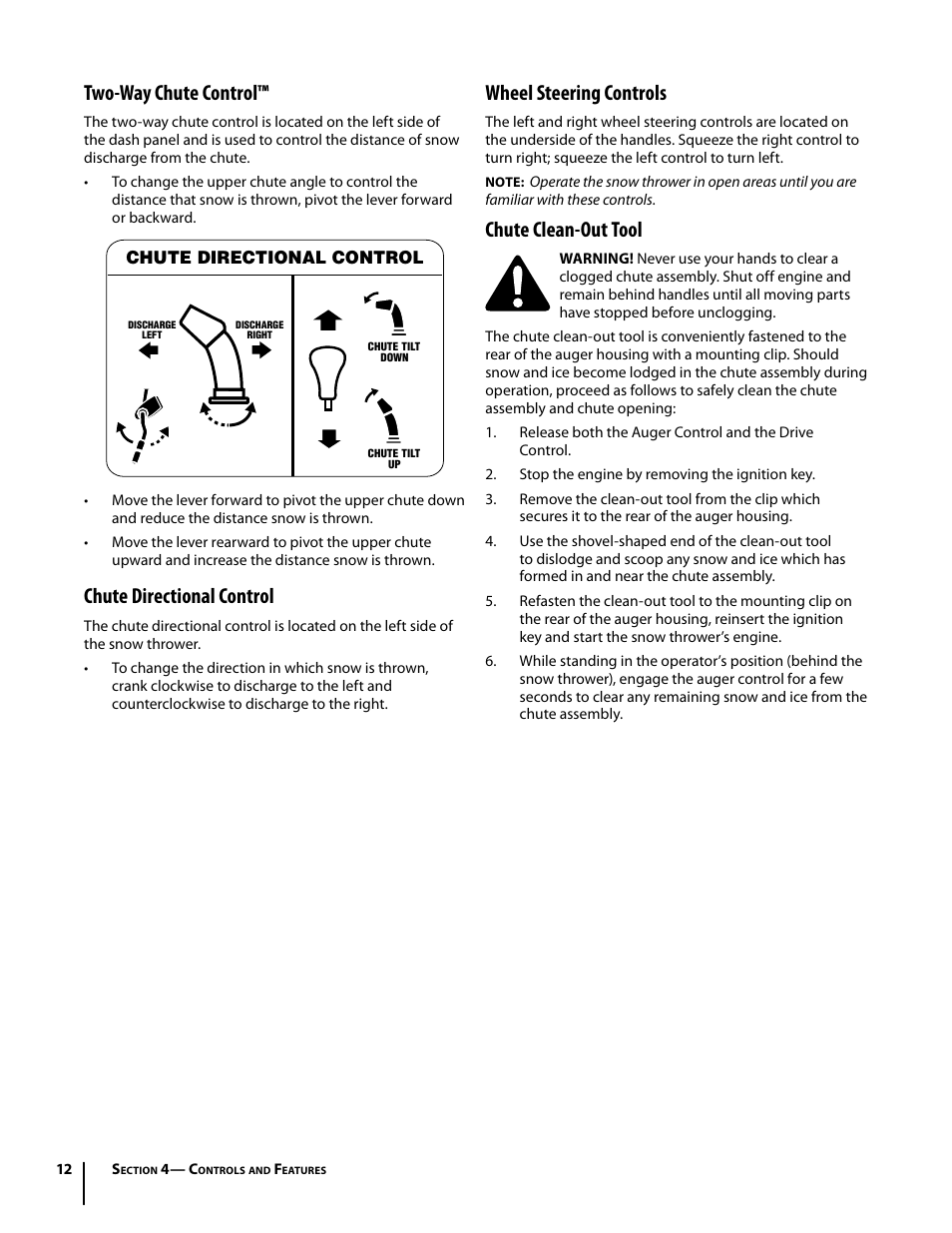 Two-way chute control, Chute directional control, Wheel steering controls | Chute clean-out tool, Control direccional del canal | Cub Cadet 930 SWE User Manual | Page 12 / 24