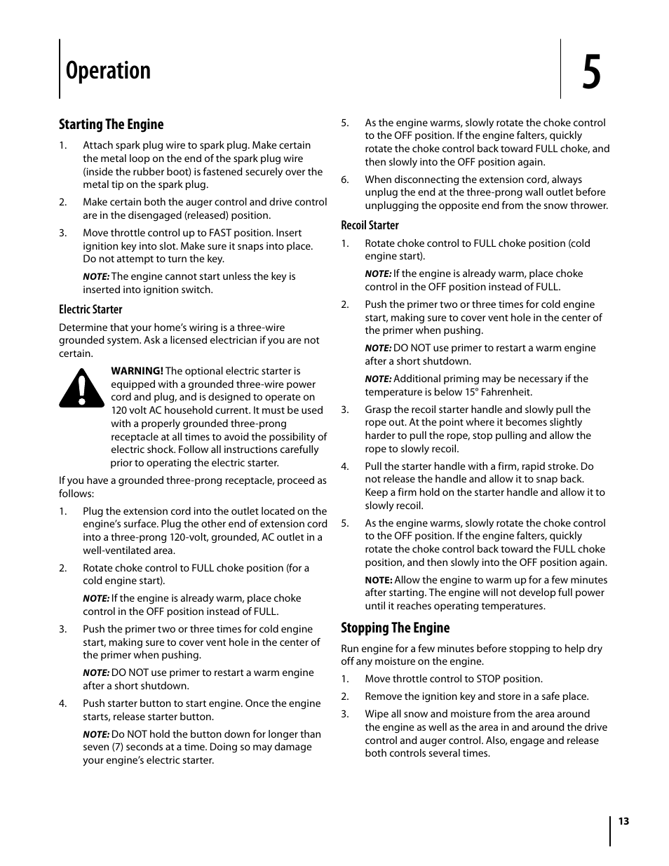Operation, Starting the engine, Stopping the engine | Cub Cadet 930 SWE User Manual | Page 13 / 24